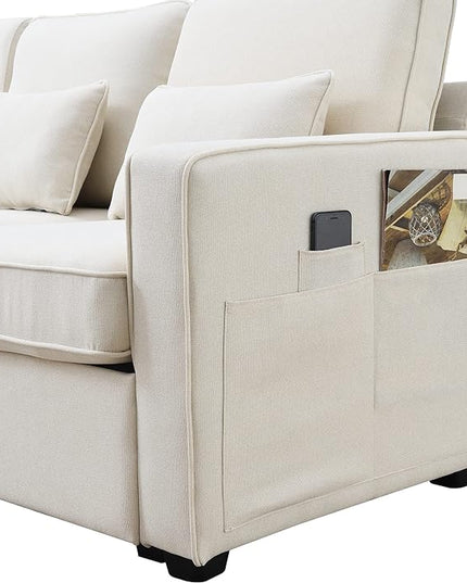 114.2" Linen Upholstered Sofa with Consoleand 2 USB Ports Wired or Wirelessly Charged,Modern 4-Seat Couches W/ 4 Pillows and Two Cupholders,for Living Room,Apartment,Beige - LeafyLoom