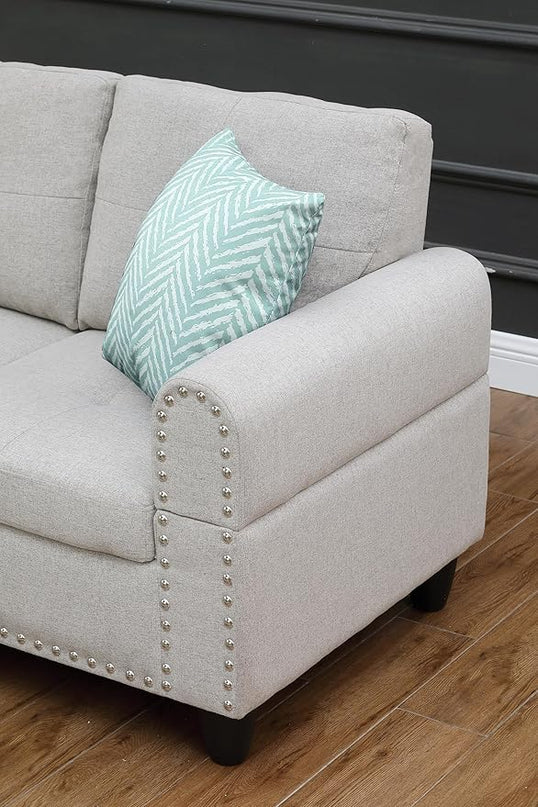 98" L-Shaped Sectional Couch with Storage Ottoman and Left Facing Chaise,Linen Upholstered Sofa with 2 Cup Holders and 2 Throw Pillows for Living Room,Light Gray - LeafyLoom