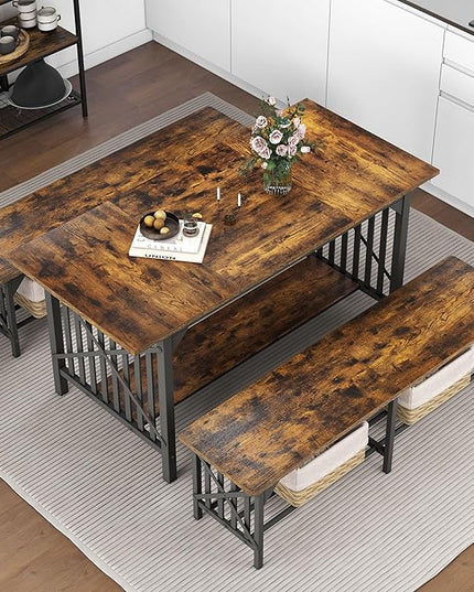 DWVO 3-Piece Dining Table Set for 4-6 People, 63" Dining Room Table with 2 Benches, Industrial Rectangular Dining Room Table Set with Storage for Kitchen, Dining Room, Rustic Brown - LeafyLoom