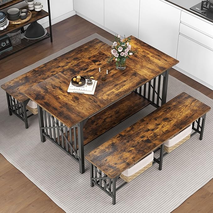 DWVO 3-Piece Dining Table Set for 4-6 People, 63" Dining Room Table with 2 Benches, Industrial Rectangular Dining Room Table Set with Storage for Kitchen, Dining Room, Rustic Brown - LeafyLoom