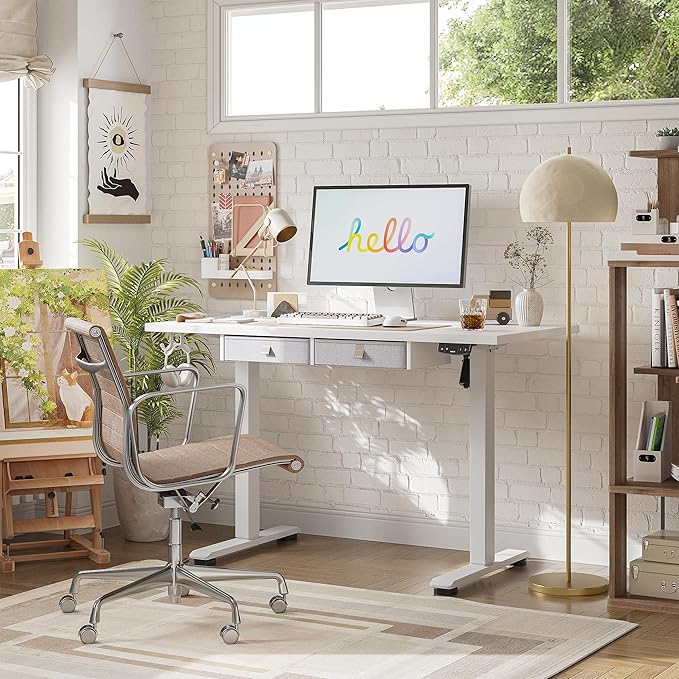 Standing Desk with 2 Drawers, Adjustable Height Electric Desk with Storage, 48 x 24 Inches Sit Stand Up Computer Table for Work Office Home, White - LeafyLoom