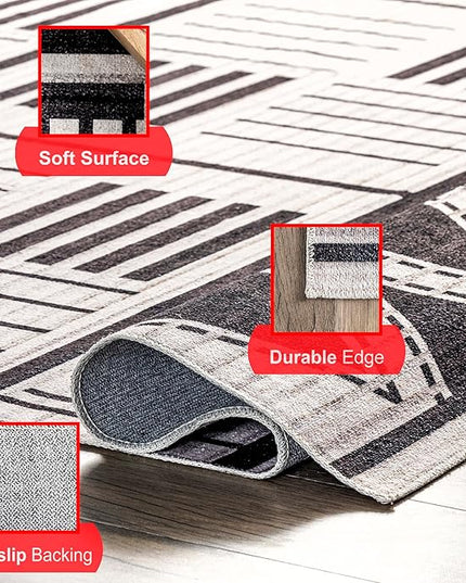 nuLOOM Evia Tribal Stripes Machine Washable Ultra Thin Area Rug, 8' x 10', Charcoal - LeafyLoom