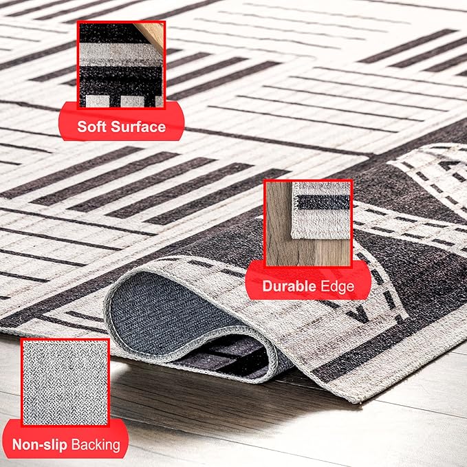 nuLOOM Evia Tribal Stripes Machine Washable Ultra Thin Area Rug, 8' x 10', Charcoal - LeafyLoom