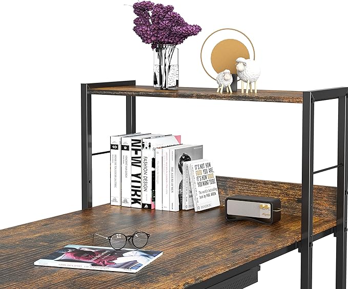 SHW 46-Inch Mission Desk with Side Shelf, 24" Deep, Rustic Brown - LeafyLoom