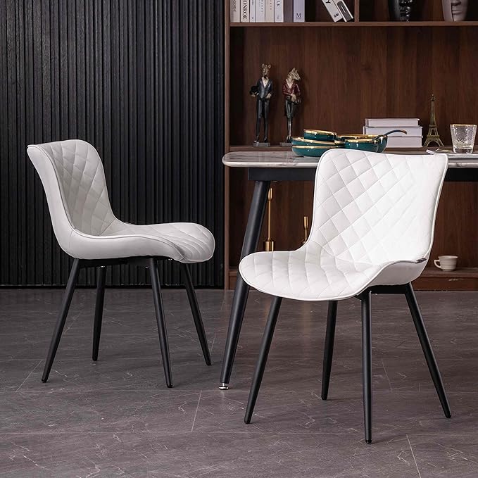YOUTASTE White Dining Chairs Set of 2 Mid Century Modern Kitchen Chairs PU Leather Armless Upholstered Accent Dinner Chair with Back Metal Legs for Guest Reception Waiting Living Room - LeafyLoom