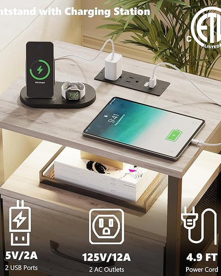 Night Stand Set 2, End Table with Charging Station, LED Bedside Table with Fabric Drawer for Bedroom, 3-Tier Side Table with Open Shelf, Greige - LeafyLoom