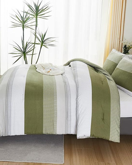 Litanika Olive Green Comforter Set King - 3 Pieces Lightweight Olive Green White Colorblock Stripe Fluffy Bedding Comforter Sets, All Season Bed Set - LeafyLoom
