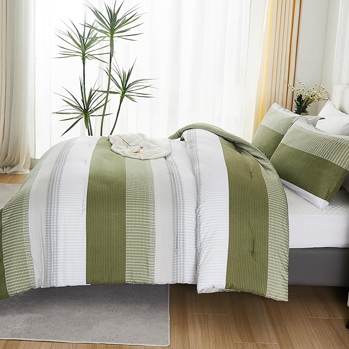 Litanika Olive Green Comforter Set King - 3 Pieces Lightweight Olive Green White Colorblock Stripe Fluffy Bedding Comforter Sets, All Season Bed Set - LeafyLoom