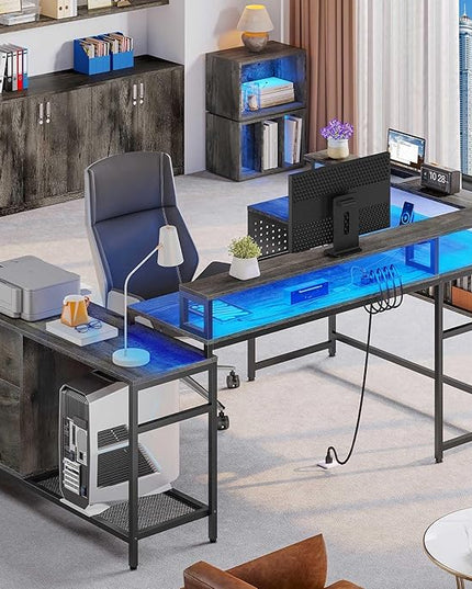 YITAHOME U Shaped Desk, L Shaped Desk with Drawers, Reversible Computer Desk with Power Outlets & LED Lights, Corner Desk Office Desk with Monitor Stand & Storage Shelves, Grey - LeafyLoom