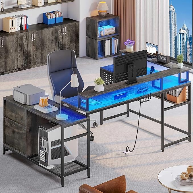 YITAHOME U Shaped Desk, L Shaped Desk with Drawers, Reversible Computer Desk with Power Outlets & LED Lights, Corner Desk Office Desk with Monitor Stand & Storage Shelves, Grey - LeafyLoom