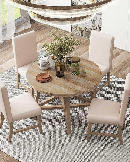 Merax 5-Piece Retro Wood Dining Set for 4 with Extendable Round Table and 16" Removable Middle Leaf, Including 4 Upholstered Backrest Cusioned Chairs, for Kitchen, Living Room, Natural Wood Wash - LeafyLoom