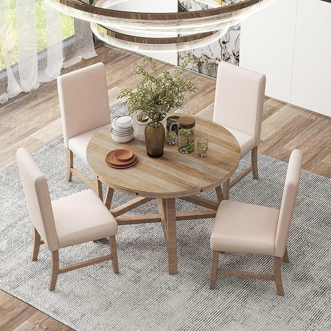 Merax 5-Piece Retro Wood Dining Set for 4 with Extendable Round Table and 16" Removable Middle Leaf, Including 4 Upholstered Backrest Cusioned Chairs, for Kitchen, Living Room, Natural Wood Wash - LeafyLoom