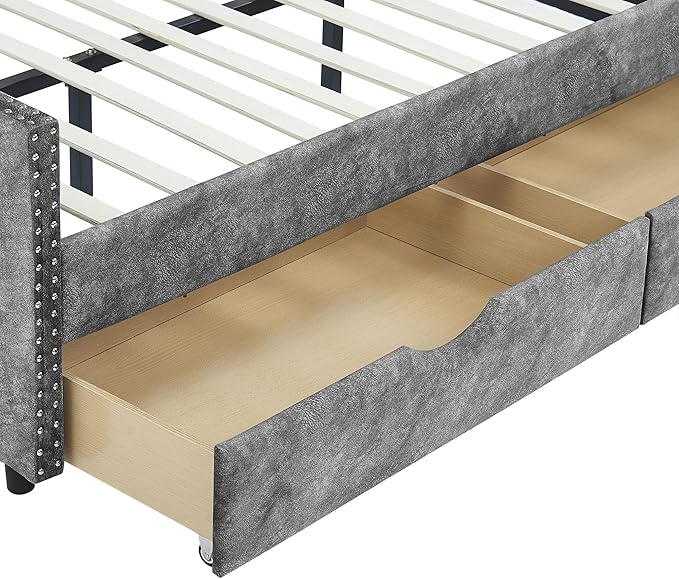 Upholstered Full Size Daybed with Two Storage Trundle Drawers, Solid Wooden Bed Frame w/Button Tufted Backrest, No Box Spring Needed, for Kids, Bedroom, Dorm - LeafyLoom