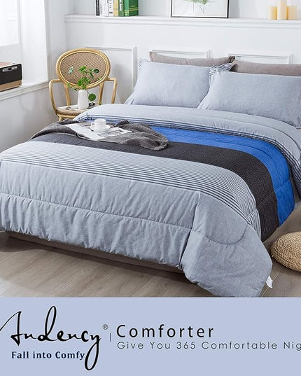 Andency Stripe Blue Comforter Set King Size, 3 Pieces Gray and Blue Patchwork Striped Comforter(104x90 Inch), Soft Microfiber Down Alternative Comforter Bedding Set with Corner Loops - LeafyLoom