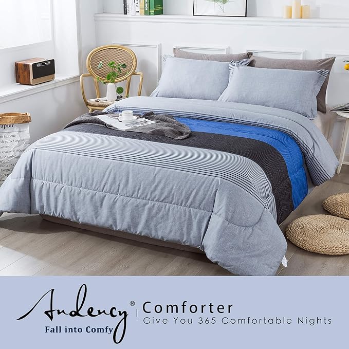 Andency Stripe Comforter Set Queen Size (90x90 Inch), 3 Pieces Gray and Blue Patchwork Striped Comforter, Soft Microfiber Down Alternative Comforter Bedding Set with Corner Loops - LeafyLoom