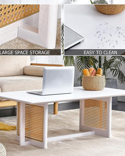 Chinese Style Coffee Table, Rattan Rectangular Solid Wood Coffee Table, Mid Century Modern Coffee Table Center Table Tea Table for Living Room Office, White - LeafyLoom