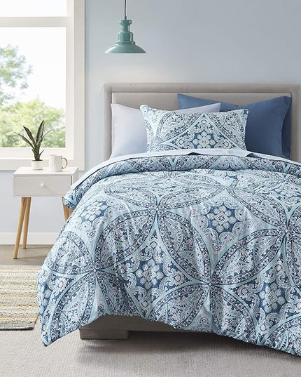 Comfort Spaces Bed in A Bag - Trendy Casual Design Cozy Comforter with Complete Sheet Set with Side Pocket, All Season Cover, Matching Shams, Twin XL(66 in x 90 in), Gloria, Damask Blue 6 Piece - LeafyLoom