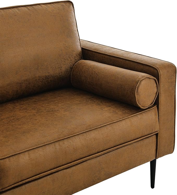Upholstered 3 Seater Sofa Couch with Metal Legs and Removable Cushions for Livingroom Bedroom, Including 2 Bolster Pillows, Brown, 77" W - LeafyLoom