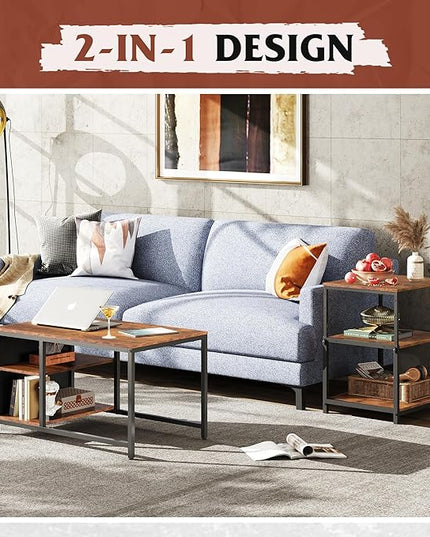 WLIVE Coffee Table for Living Room, Adjustable Coffee Table Set of 2 with End Table, Small Industrial Coffee Table with Side Table, Metal Frame and Wood Desktop, Rustic Brown - LeafyLoom