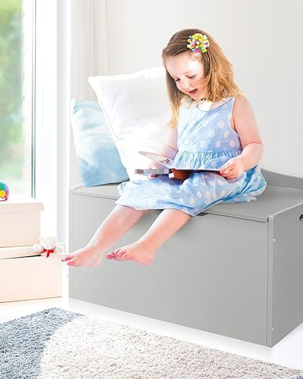 Badger Basket Kid's Wooden Toy Box and Storage Bench Seat with Safety Hinge - Gray - LeafyLoom