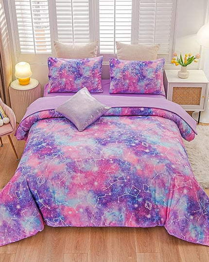 Btargot Lightweight Microfiber 6 Piece Comforter Set, Tie Dye Galaxy Constellation Pattern Bedding Set for Boys Girls Teen, Queen Purple - LeafyLoom