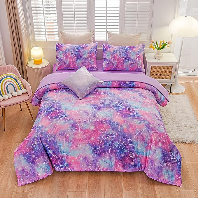 Btargot Lightweight Microfiber 6 Piece Comforter Set, Tie Dye Galaxy Constellation Pattern Bedding Set for Boys Girls Teen, Queen Purple - LeafyLoom