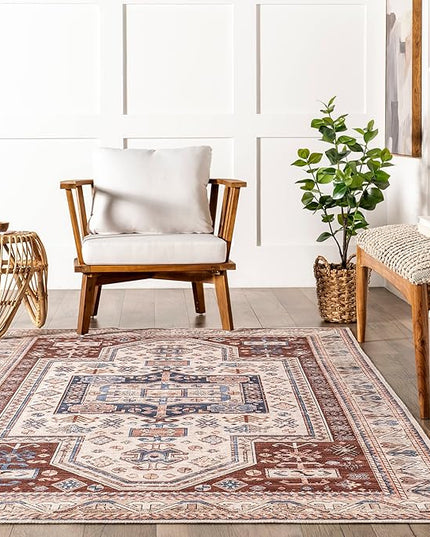 nuLOOM Órla Tribal Bordered Machine Washable Ultra Thin Area Rug, 5' x 8', Rust - LeafyLoom