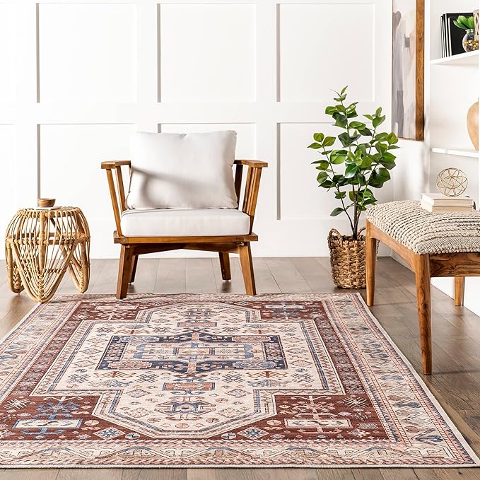 nuLOOM Órla Tribal Bordered Machine Washable Ultra Thin Area Rug, 4' x 6', Rust - LeafyLoom