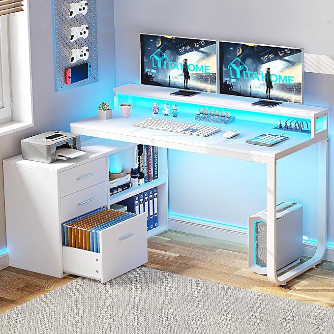 YITAHOME L Shaped Desk with Drawers, 55" Corner Computer Desk with Power Outlets, L-Shaped Desk with LED Lights & File Cabinet for Home Office, White - LeafyLoom