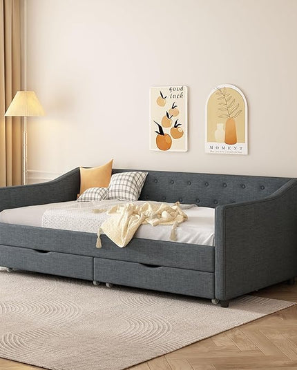 Twin Size Daybed with 2 Drawers, Upholstered Tufted Sofa Bed with Button on Back and Piping on Waved Shape Arms for Bedroom, Apartment, Living Room, Wooden Slats Support, Dark Grey - LeafyLoom