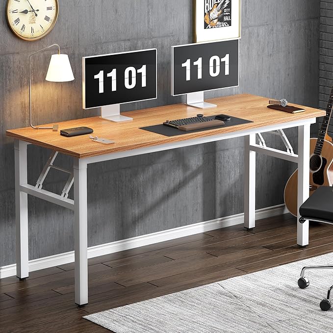 Need AC5BW-140 computer desk, 55 inches, Teak & White - LeafyLoom