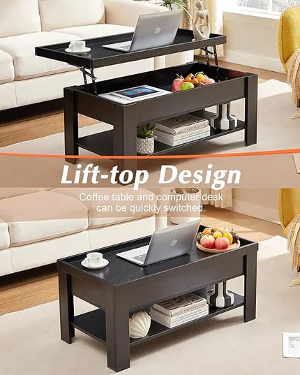 VECELO Lift Top Coffee Table with Storage Shelf and Hidden Compartment for Living Room/Office Reception, Black - LeafyLoom