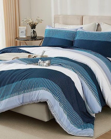 Litanika Navy Blue Comforter Twin/Twin XL Size Set, 2 Pieces Boys Men Bedding Set, Single Blue White Colorblock Striped Bed Set (66x90In Comforter & 1 Pillowcase) - LeafyLoom