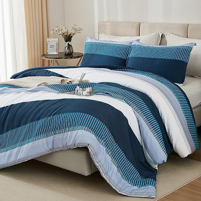 Litanika Navy Blue Comforter Twin/Twin XL Size Set, 2 Pieces Boys Men Bedding Set, Single Blue White Colorblock Striped Bed Set (66x90In Comforter & 1 Pillowcase) - LeafyLoom