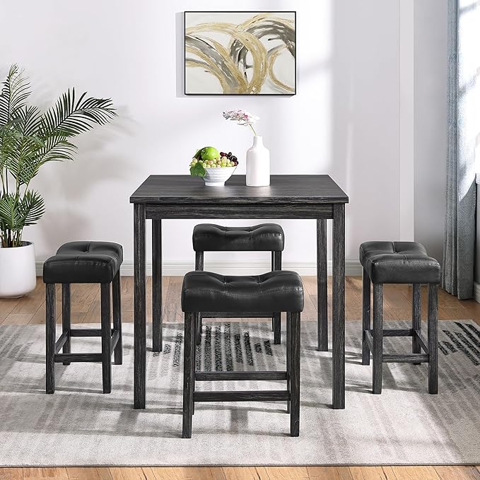 RITSU 5 Piece Industrial Bistro Dining Set, Square Breakfast Table + 4 Upholstered Stools, for Living, Small Apartment, Kitchen, Farmhouse, Game Room, Black - LeafyLoom