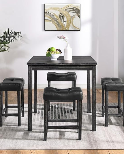 Home Kitchen 5 Piece Dining Set, Breakfast Tables with 4 Padded Stools, Industrial Bar Dinette Furniture for Living Room, Apartment, Space-Saving Design, Black - LeafyLoom