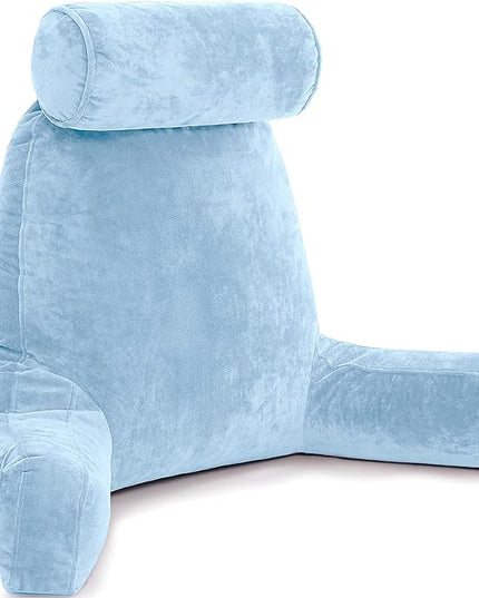 Husband Pillow XXL Sky Blue Backrest with Arms - Adult Reading Pillow Shredded Memory Foam, Ultra-Comfy Removable Microplush Cover, Detachable Neck Roll, Unmatched Support for Bed Rest Sit Up Pillow - LeafyLoom