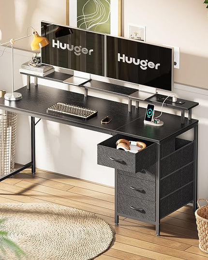 55 Inch Computer Desk with Power Outlets and LED Lights, Gaming Desk with 4 Drawers, Office Desk with Monitor Stand, Study Desk Work Desk for Home Office, Black - LeafyLoom