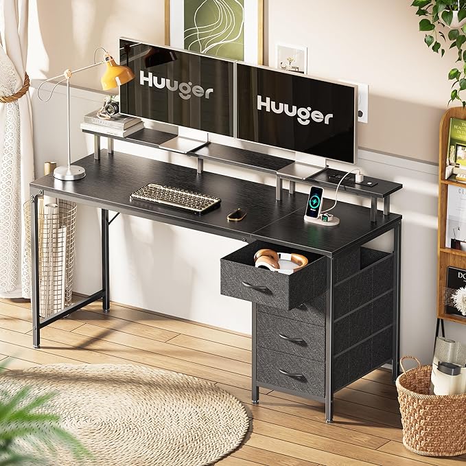 55 Inch Computer Desk with Power Outlets and LED Lights, Gaming Desk with 4 Drawers, Office Desk with Monitor Stand, Study Desk Work Desk for Home Office, Black - LeafyLoom