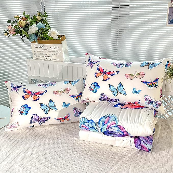 CVHOUSE Bedding Set, Full Size, Butterfly Design for Girls Kids Teens, 3Pcs Including Comforter and 2 Pillowcases - LeafyLoom