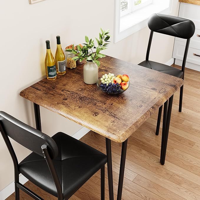 Dining Table for 2, Small Square kitchen Dinner Table Set for 2,Space Saving Wood Modern Dinette With Upholstered,Dining Room Furniture for Breakfast Nook, Apartment,Home Office Small Space,3 Piece - LeafyLoom