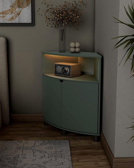 Berg Modern 31-inch 16 Colors LED Corner Cabinet with Doors and 2 Shelves, USB Charge Cord, Small TV Stand for Living Room, Home Office, Sage Green - LeafyLoom
