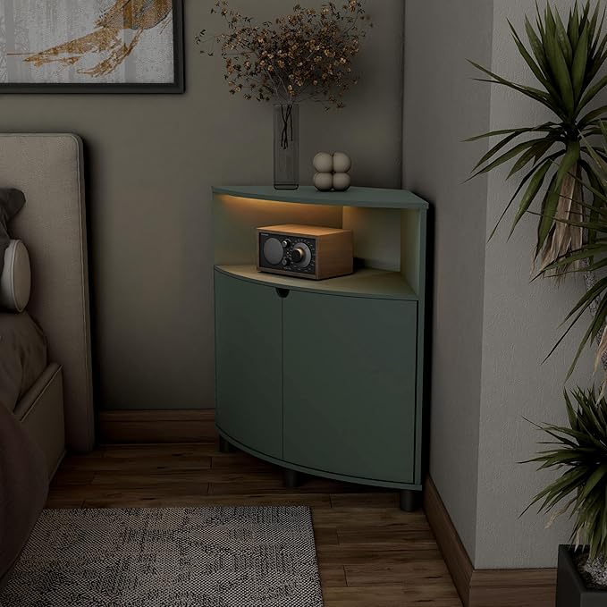 Berg Modern 31-inch 16 Colors LED Corner Cabinet with Doors and 2 Shelves, USB Charge Cord, Small TV Stand for Living Room, Home Office, Sage Green - LeafyLoom