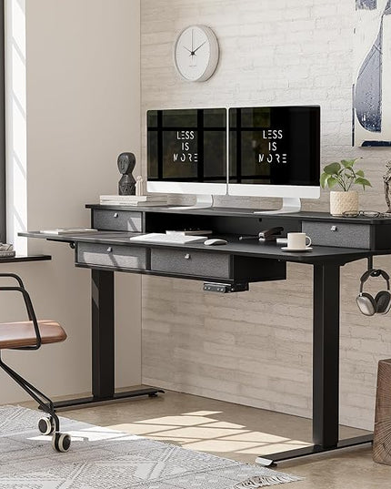 BANTI Height Adjustable Electric Standing Desk with 4 Drawers, 63 x 24 Inch Table with Storage Shelf, Sit Stand Desk, Black Top - LeafyLoom