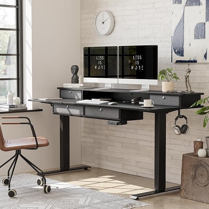 BANTI Height Adjustable Electric Standing Desk with 4 Drawers, 63 x 24 Inch Table with Storage Shelf, Sit Stand Desk, Black Top - LeafyLoom