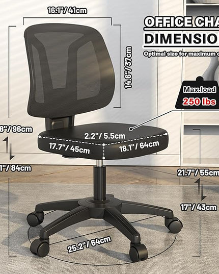 Armless Office Chair Ergonomic Swivel Small Computer Desk Chairs No Armrests with Wheels Adjustable Height Black Task Chairs without Arms for Small Spaces - LeafyLoom