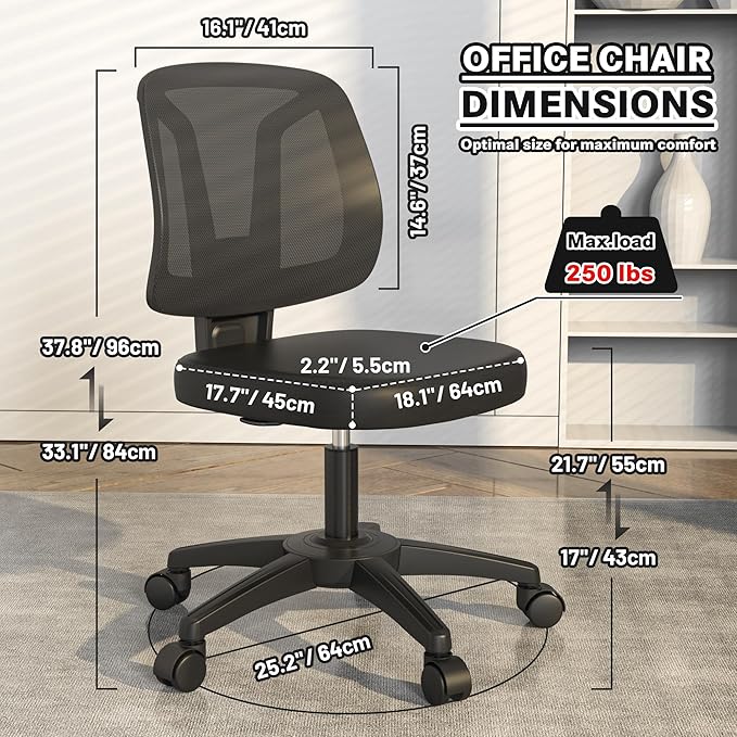Armless Office Chair Ergonomic Swivel Small Computer Desk Chairs No Armrests with Wheels Adjustable Height Black Task Chairs without Arms for Small Spaces - LeafyLoom