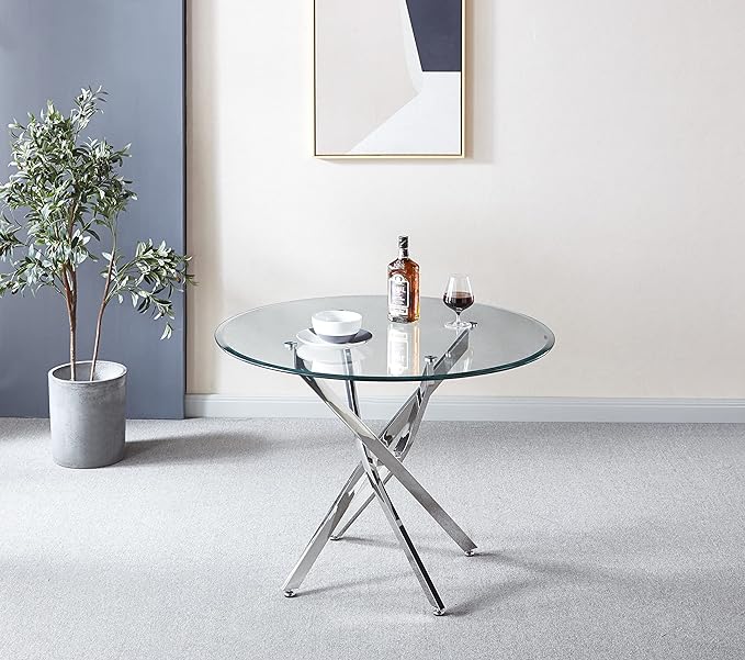 NicBex Dining Table Contemporary Kitchen Table Farmhouse Rustic Artisan Contemporary Round Clear Dining Tempered Glass Table with Chrome Legs Round Dining Table, Easy Assembly, Clear + Silver - LeafyLoom