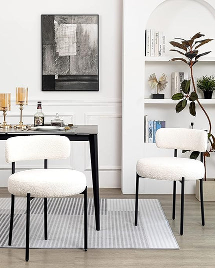 DYHOME Dining Chairs, White Boucle Dining Chairs Set of 2, Kitchen Dining Room Chairs Curved Backrest Upholstered Mid Century Modern Dining Chairs with Black Metal Legs - LeafyLoom