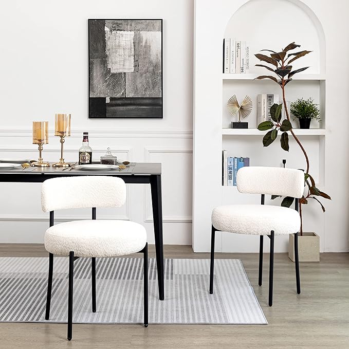 DYHOME Dining Chairs, White Boucle Dining Chairs Set of 2, Kitchen Dining Room Chairs Curved Backrest Upholstered Mid Century Modern Dining Chairs with Black Metal Legs - LeafyLoom